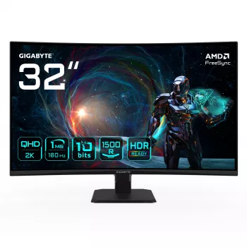 GIGABYTE GS32QCA 80 cm (31,5 Zoll) QHD Curved Gaming-Monitor – 2560 x 1440, 180 Hz, 1 ms, 250 cd/m², FreeSync, HDR-fähig, HDMI 2.0, DisplayPort 1.4