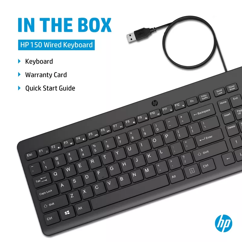 HP 150 kabelgebundene Tastatur, Full-Size (100 %), kabelgebunden, USB, mechanisch, QWERTY, Schwarz