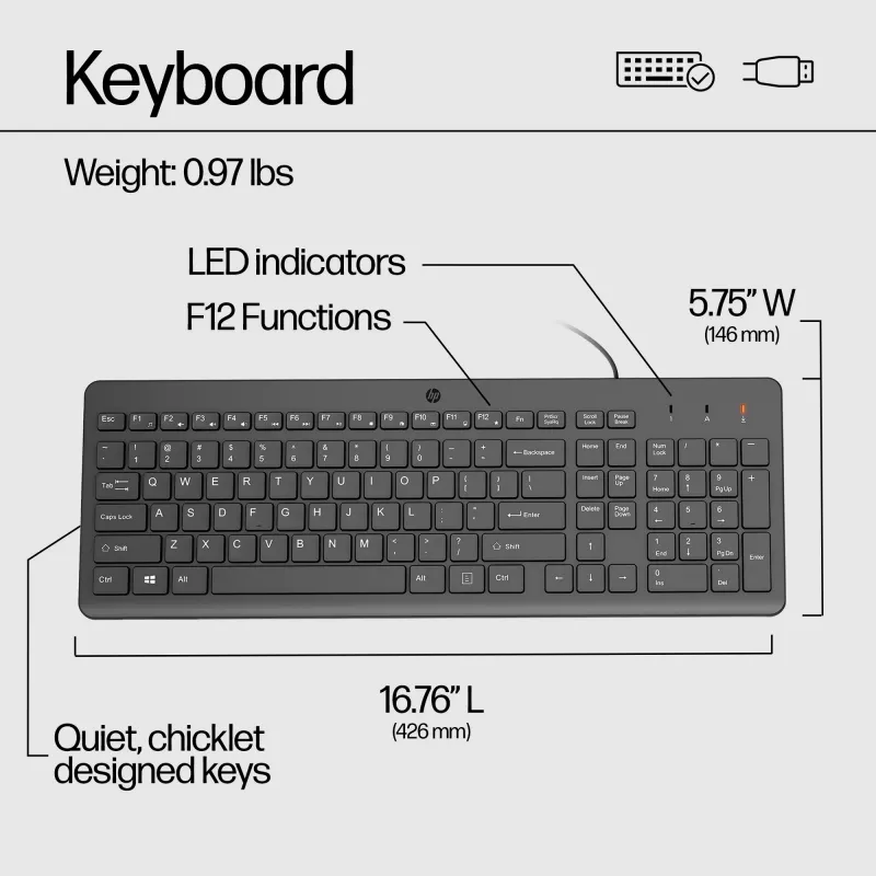 HP 150 kabelgebundene Tastatur, Full-Size (100 %), kabelgebunden, USB, mechanisch, QWERTY, Schwarz