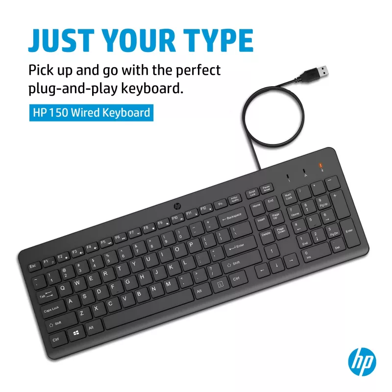 HP 150 kabelgebundene Tastatur, Full-Size (100 %), kabelgebunden, USB, mechanisch, QWERTY, Schwarz