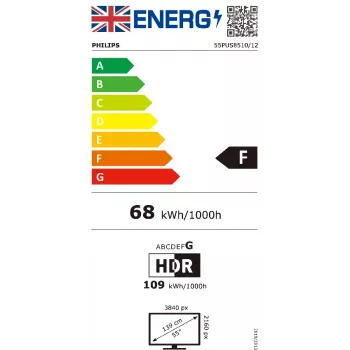 Fernseher Philips 55PUS8510 55 Zoll QLED 4K Ultra HD, Titan OS, Wi‑Fi, Bluetooth 5.2, HDR10+, 3×HDMI, 2×USB, 20W, Schwarz