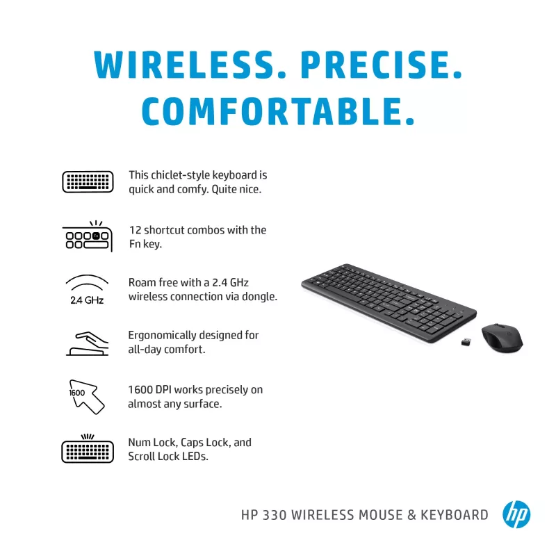 HP 330 Wireless-Maus- und Tastaturkombination, Full-Size (100 %), Kabellos, RF Wireless, QWERTY, Schwarz, Maus inklusive