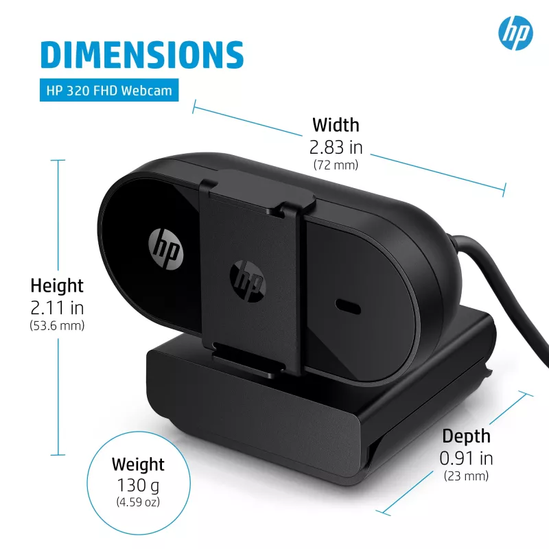 HP 320 FHD Webcam, 1920 x 1080 Pixel, Full HD, 30 fps, Home, USB, Schwarz