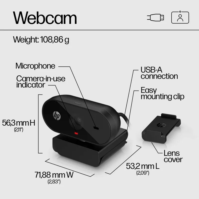 HP 320 FHD Webcam, 1920 x 1080 Pixel, Full HD, 30 fps, Home, USB, Schwarz