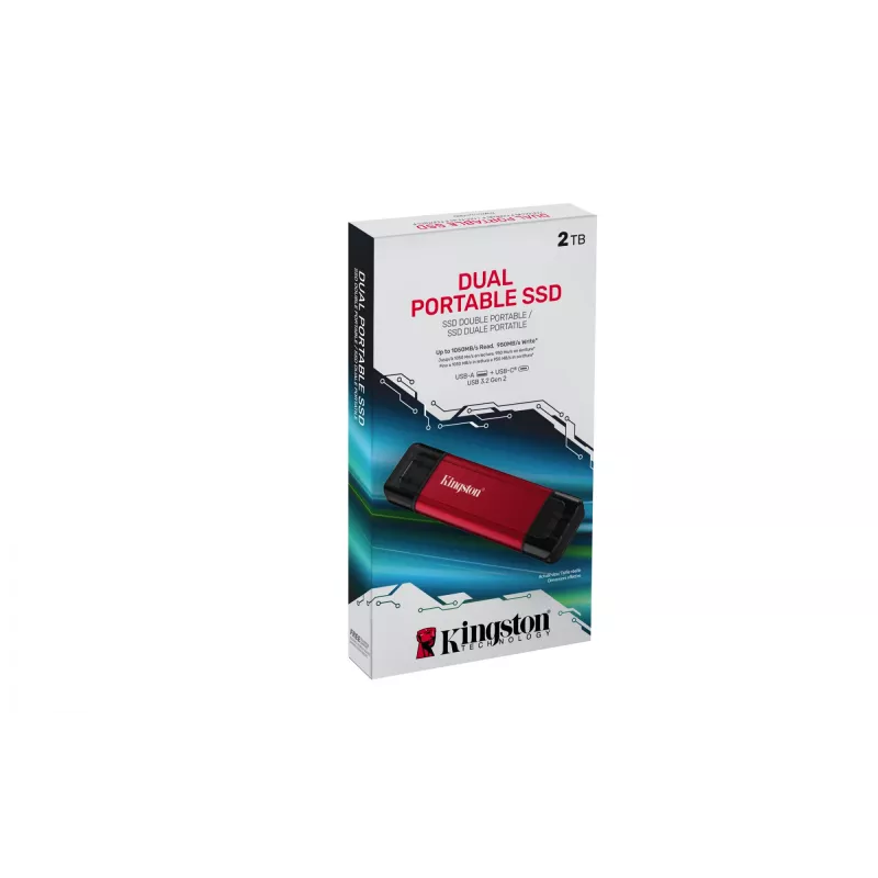 Externe SSD Kingston 2 TB Dual USB-A/USB-C, USB 3.2 Gen 2, Lesen 1050 MB/s, Schreiben 950 MB/s, Schwarz/Rot
