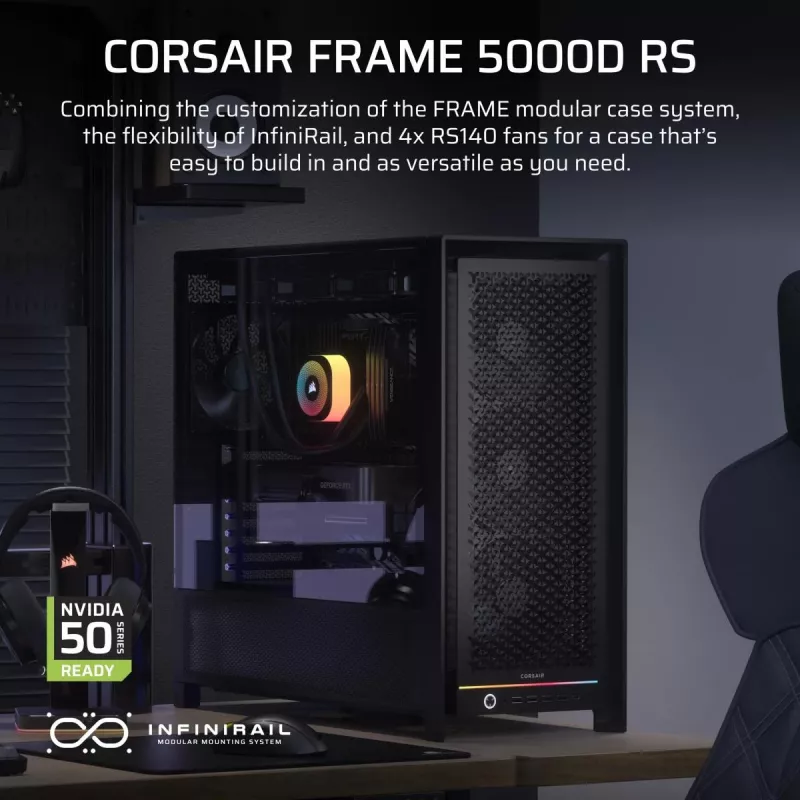 PC-Miditower-Gehäuse CORSAIR FRAME 5000D RS — Schwarz, ATX/EATX-Unterstützung, 3x 140-mm-Frontlüfter, gehärtetes Glas, 250×556×542 mm