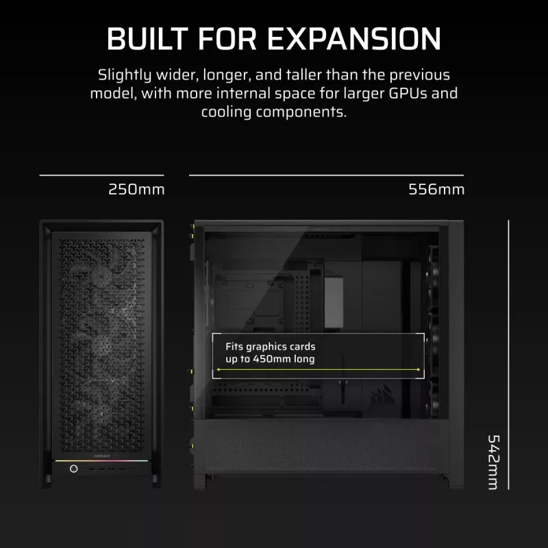 PC-Miditower-Gehäuse CORSAIR FRAME 5000D RS — Schwarz, ATX/EATX-Unterstützung, 3x 140-mm-Frontlüfter, gehärtetes Glas, 250×556×542 mm
