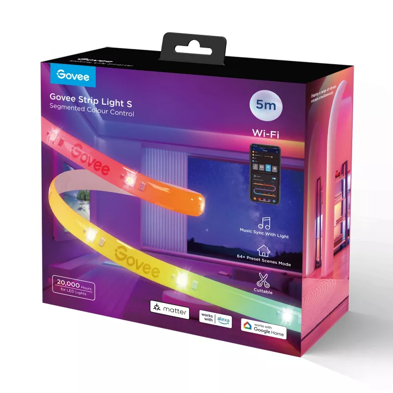 Intelligenter LED-Streifen Govee Strip Light S 5m – WLAN/Bluetooth, RGBIC, 5.000 mm, weiß