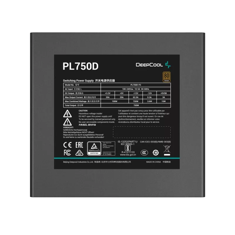 Netzteil DeepCool PL750D 750 W ATX 3.0 80 PLUS Bronze, 120-mm-Lüfter, 20+4-Pin, schwarz