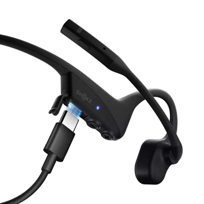 Headset Shokz OpenComm2 UC 2025 — kabelloses Knochenschall-Ohrhörer-Headset, 16 h Sprechzeit, USB Typ-A/Typ-C, ANC, 29 m Reichweite, schwarz