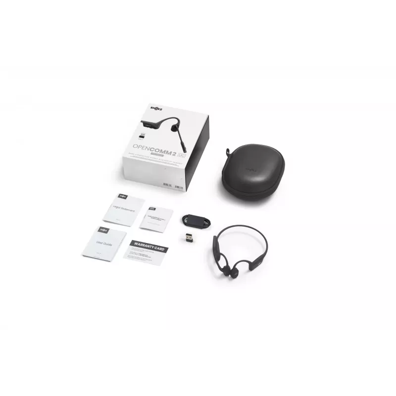 Headset Shokz OpenComm2 UC 2025 — kabelloses Knochenschall-Ohrhörer-Headset, 16 h Sprechzeit, USB Typ-A/Typ-C, ANC, 29 m Reichweite, schwarz