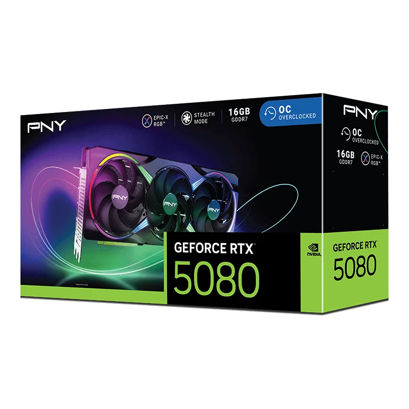 PNY GeForce RTX 5080 16GB ARGB Overclocked Triple Fan - 16GB GDDR7 - DisplayPort 2.1b / HDMI 2.1b