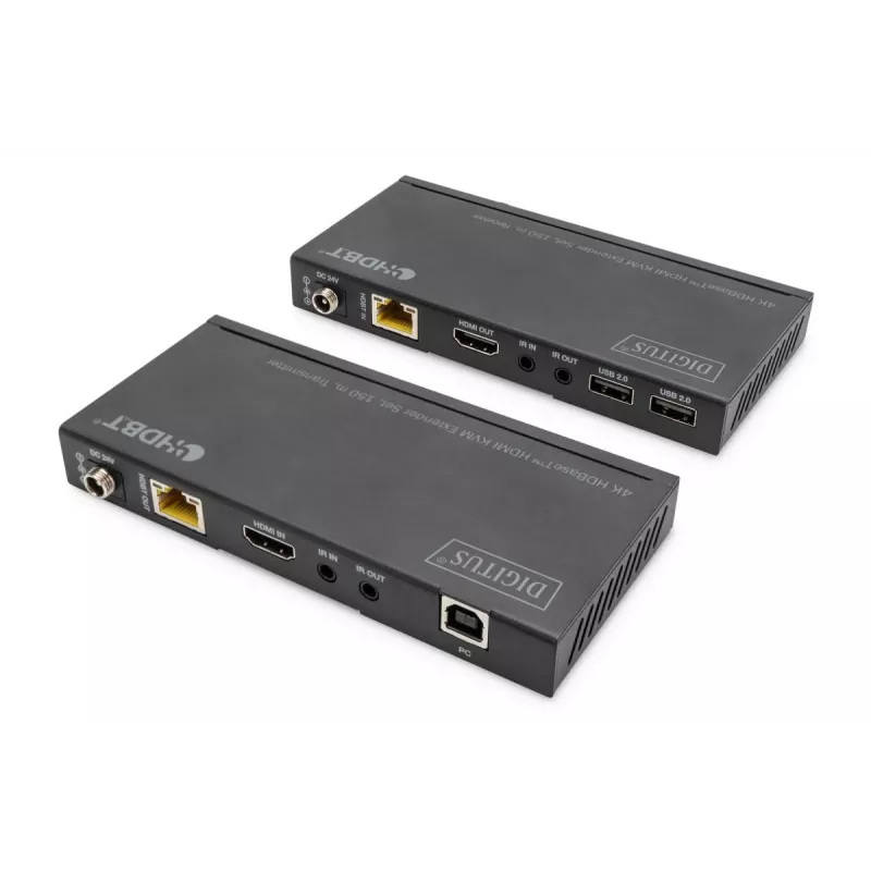 DIGITUS HDBaseT KVM Extender Set. 150m 4K/60Hz. USB 2.0. PoC. IR. Schwarz