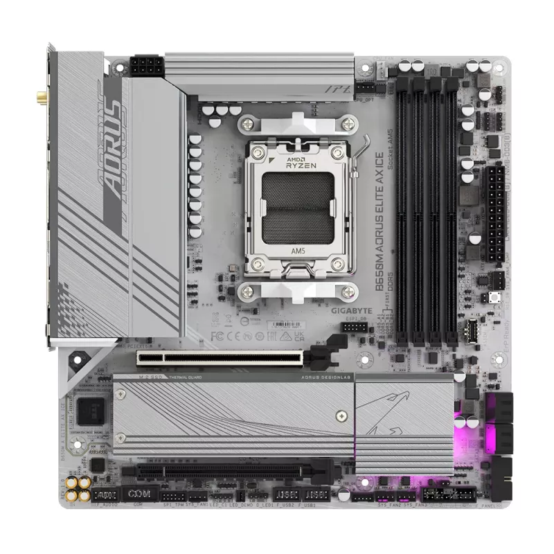 GIGABYTE B650M AORUS ELITE AX ICE Mainboard - AMD Ryzen 9000 Series CPUs, 12+2+2 Phasen VRM, bis zu 8000 MHz DDR5 (OC), 1xPCIe 5.0 + 1xPCIe 4.0 M.2, 2,5 GbE LAN, WLAN 6E, USB 3.2 Gen 2x2