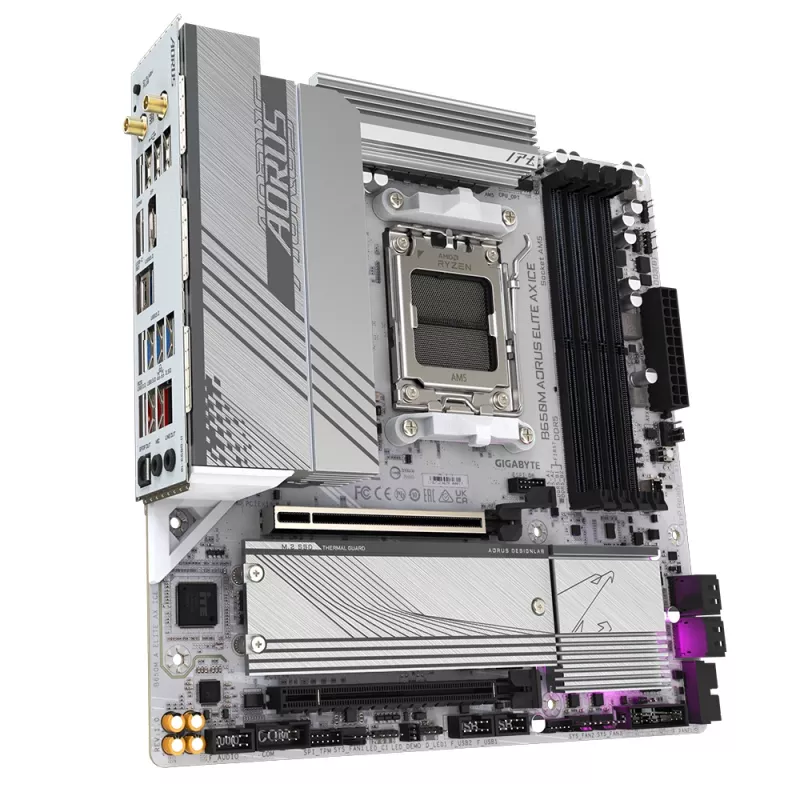GIGABYTE B650M AORUS ELITE AX ICE Mainboard - AMD Ryzen 9000 Series CPUs, 12+2+2 Phasen VRM, bis zu 8000 MHz DDR5 (OC), 1xPCIe 5.0 + 1xPCIe 4.0 M.2, 2,5 GbE LAN, WLAN 6E, USB 3.2 Gen 2x2