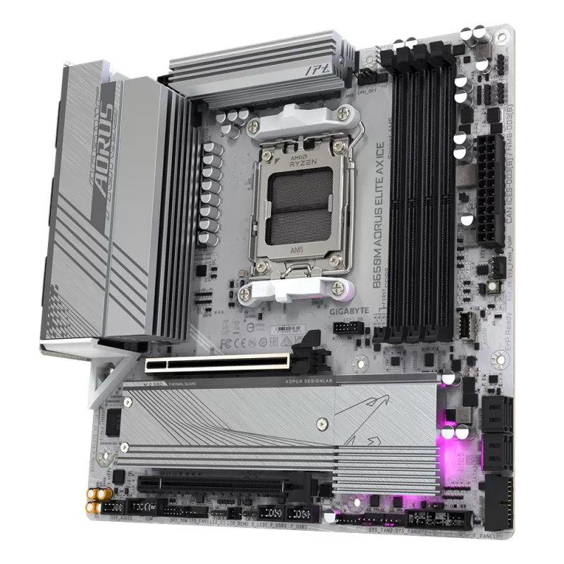 GIGABYTE B650M AORUS ELITE AX ICE Mainboard - AMD Ryzen 9000 Series CPUs, 12+2+2 Phasen VRM, bis zu 8000 MHz DDR5 (OC), 1xPCIe 5.0 + 1xPCIe 4.0 M.2, 2,5 GbE LAN, WLAN 6E, USB 3.2 Gen 2x2
