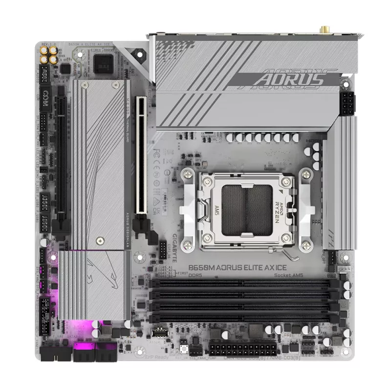 GIGABYTE B650M AORUS ELITE AX ICE Mainboard - AMD Ryzen 9000 Series CPUs, 12+2+2 Phasen VRM, bis zu 8000 MHz DDR5 (OC), 1xPCIe 5.0 + 1xPCIe 4.0 M.2, 2,5 GbE LAN, WLAN 6E, USB 3.2 Gen 2x2