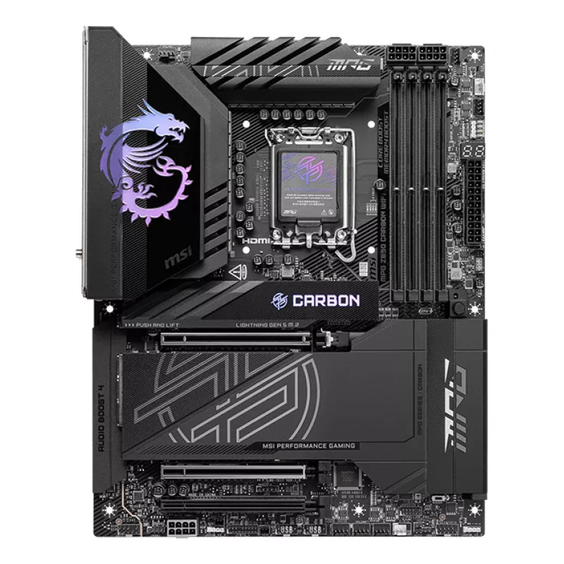 Motherboard MSI MPG Z890 CARBON WIFI ATX — Intel LGA1851, Z890, DDR5, 4x DIMM, 5x M.2, Wi‑Fi 7, 2,5Gb LAN