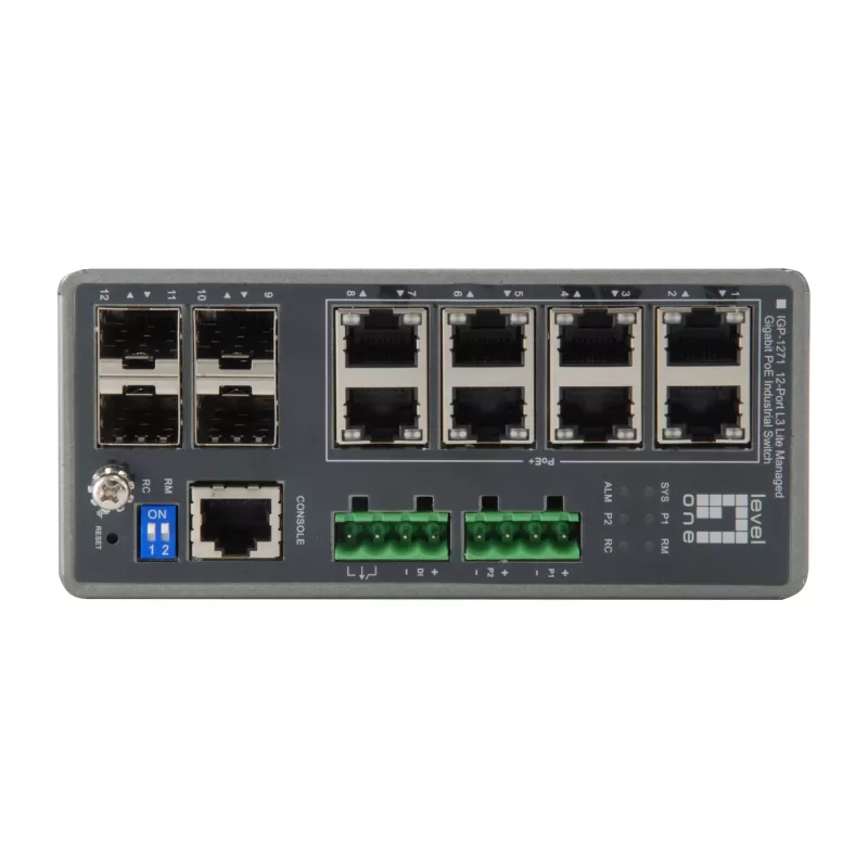 LevelOne TURING 12-Port L3 Lite Managed Gigabit Industrial Switch, 8 PoE-Ausgänge, 240 W, 802.3at/af PoE, 4 x SFP, -40 °C bis 75 °C