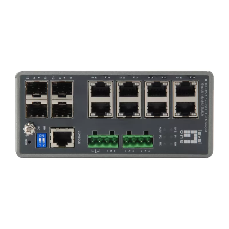 LevelOne TURING 12-Port L3 Lite Managed Gigabit Industrial Switch, 4 x SFP, DIN-Schiene, -40°C bis 75°C