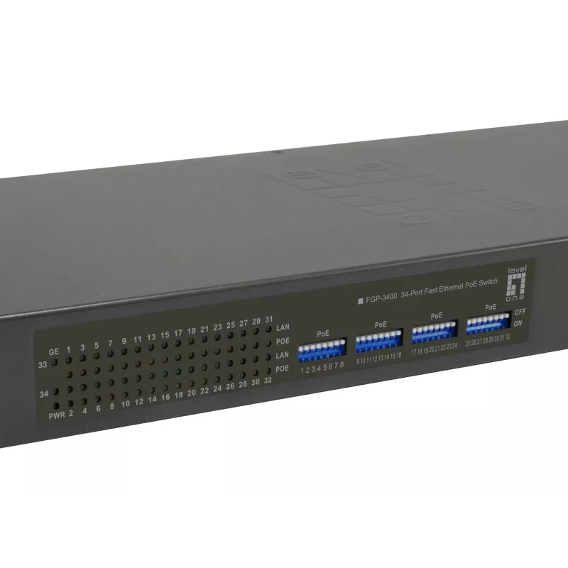 LevelOne 34-Port Fast Ethernet PoE Switch, 802.3at/af PoE, 32 PoE-Ausgänge, 2 x Gigabit RJ45, 380W