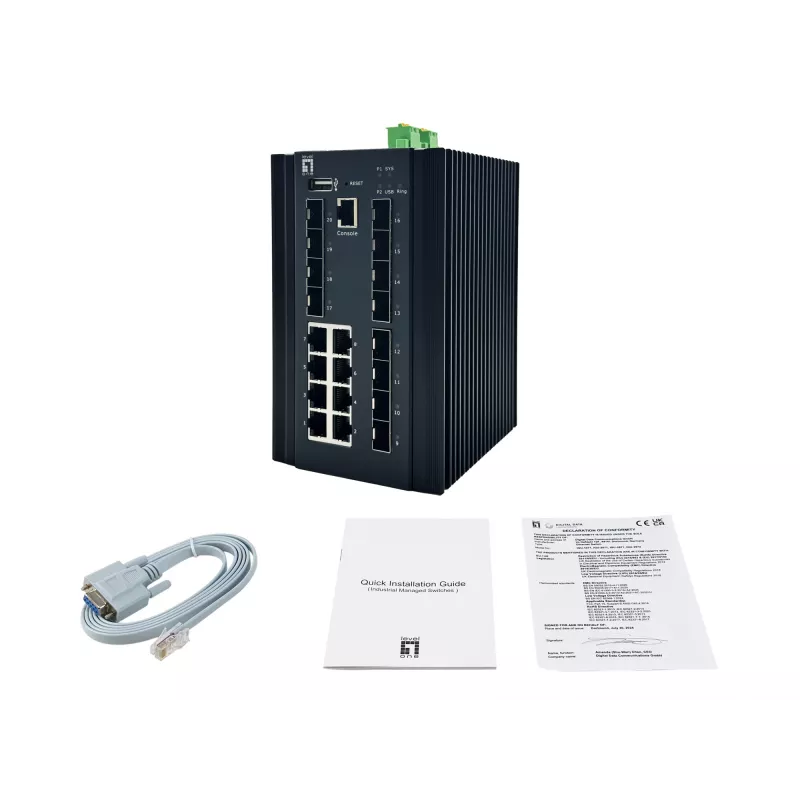 LevelOne 20-Port L2 Plus Managed Industrial Switch, 8 x 1GbE RJ45, 8 x 1GbE SFP, 4 x 1/2.5GbE SFP, DIN-Rail, -40°C bis 80°C