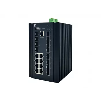 LevelOne 20-Port L2 Plus Managed Industrial Switch, 8 x 1GbE RJ45, 8 x 1GbE SFP, 4 x 1/2.5/10GbE SFP+, DIN-Rail, -40°C bis 80°C