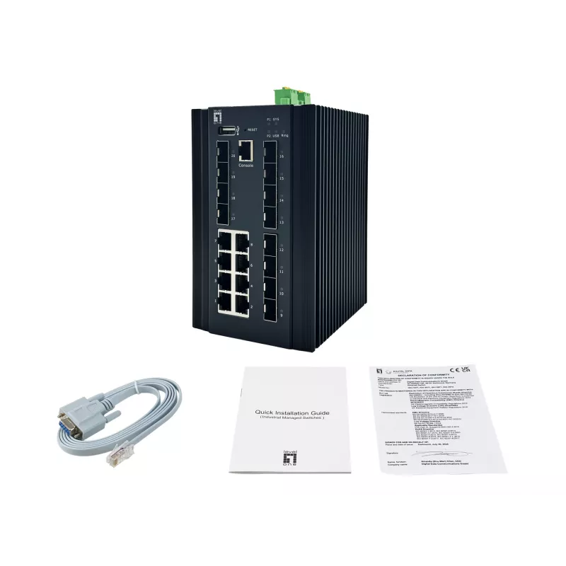 LevelOne 20-Port L2 Plus Managed Industrial Switch, 8 x 1GbE RJ45, 8 x 1GbE SFP, 4 x 1/2.5/10GbE SFP+, DIN-Rail, -40°C bis 80°C