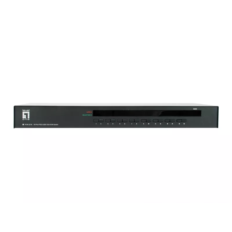 LevelOne 16-Port PS/2-USB VGA KVM-Switch, 2048 x 1536 Pixel, Rack-Montage, 1U, Schwarz