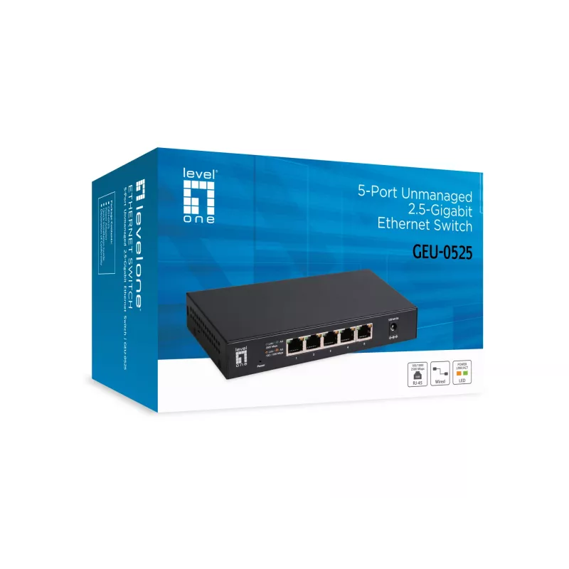 5-Port Unmanaged 2.5G Ethernet Switch LEVELONE GEU-0525 — 5× 2.5G RJ-45, unmanaged, 25 Gbit/s Switching, wandmontierbar