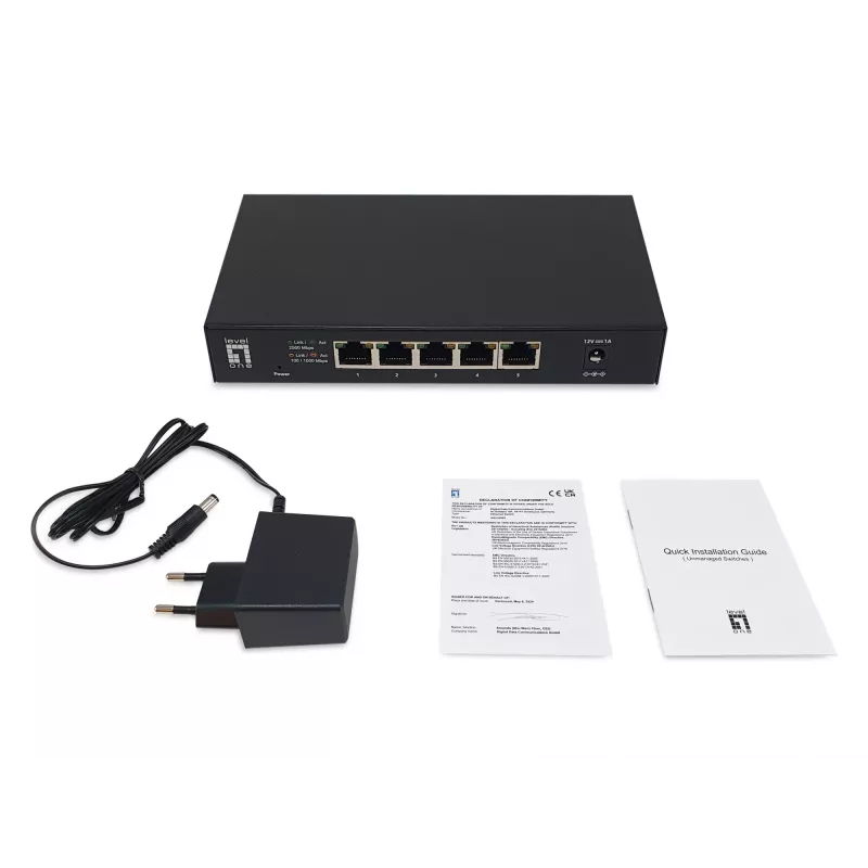 5-Port Unmanaged 2.5G Ethernet Switch LEVELONE GEU-0525 — 5× 2.5G RJ-45, unmanaged, 25 Gbit/s Switching, wandmontierbar