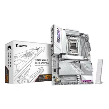 GIGABYTE X870E AORUS ELITE WIFI7 ICE Mainboard - Unterstützt AMD Ryzen 9000 CPUs, 16+2+2 Phasen Digital VRM, bis zu 8200Hz DDR5 (OC), 3xPCIe 5.0 + 1xPCIe 4.0, Wi-Fi 7, 2.5GbE LAN, USB 4