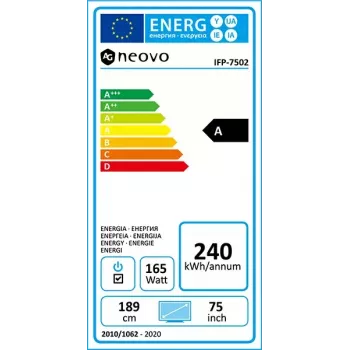 AG Neovo IFP-7502 Interaktives Flachbildschirm-Display 189,2 cm (74,5 Zoll) LCD Wi-Fi 350 cd/m² 4K Ultra HD Schwarz Touchscreen Integrierter Prozessor Android 8.0