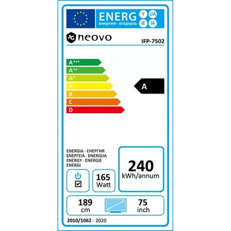 AG Neovo IFP-7502 Interaktives Flachbildschirm-Display 189,2 cm (74,5 Zoll) LCD Wi-Fi 350 cd/m² 4K Ultra HD Schwarz Touchscreen Integrierter Prozessor Android 8.0