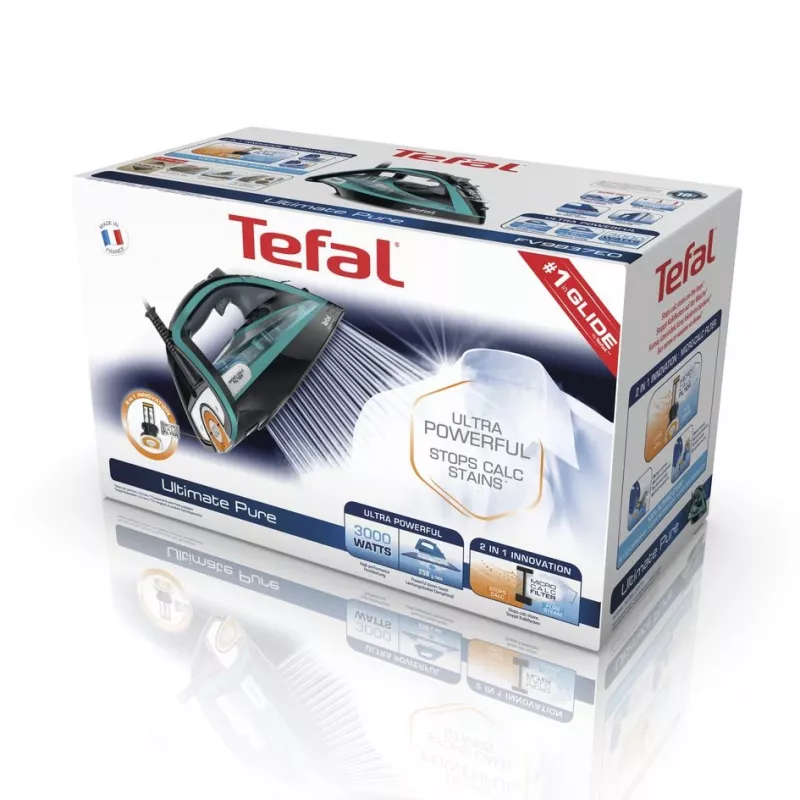 Tefal Ultimate Pure FV9844 Trocken- & Dampfbügeleisen Durilium Autoclean Bügelsohle 3200 W Schwarz, Blau