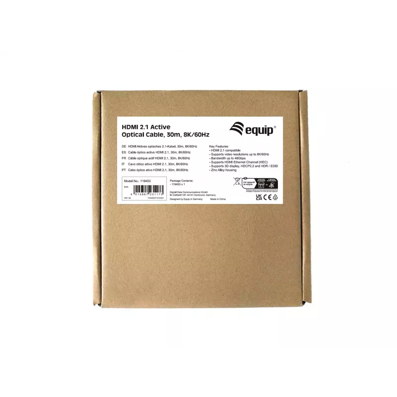 Equip HDMI 2.1 aktives optisches Kabel, 30 m, 8K/60 Hz, 30 m, HDMI Typ A (Standard), HDMI Typ A (Standard), 3D, Audio Return Channel (ARC), Schwarz
