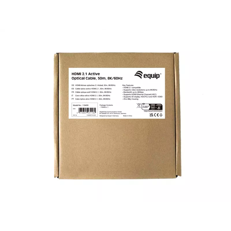 Equip HDMI 2.1 Aktives Optisches Kabel, 50m, 8K/60Hz, 50 m, HDMI Typ A (Standard), HDMI Typ A (Standard), 3D, Audio Return Channel (ARC), Schwarz