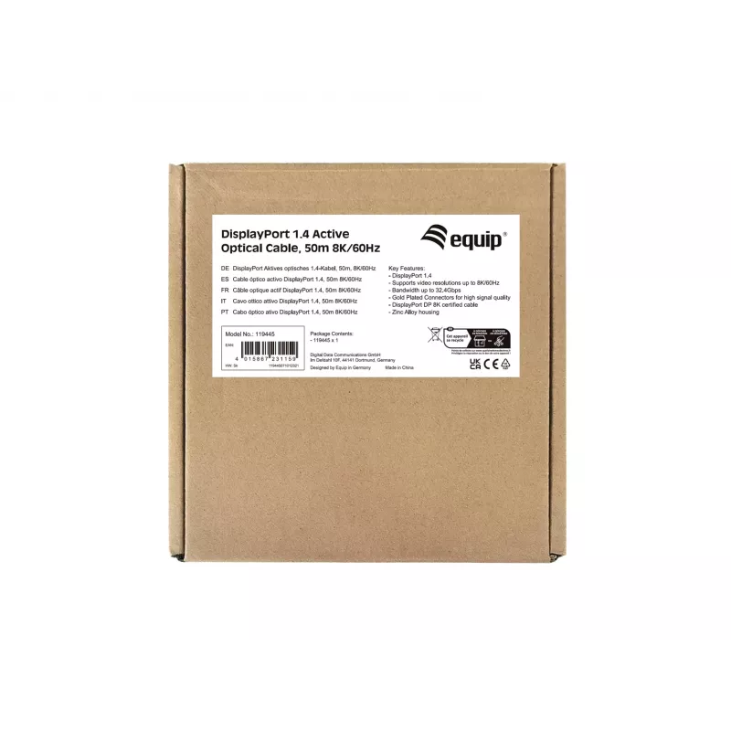 Equip DisplayPort 1.4 Aktives Optisches Kabel, 50m, 8K/60Hz, 50 m, DisplayPort, DisplayPort, Stecker, Stecker, 7680 x 4320 Pixel