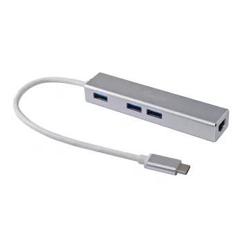 Equip USB-C auf 3-Port USB 3.0 Hub mit Gigabit-Adapter, USB 3.2 Gen 1 (3.1 Gen 1) Type-C, Silber, USB 3.2 Gen 1 (3.1 Gen 1) Type-A, WLAN, Aluminium, 22 mm, 15 mm