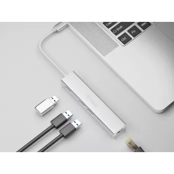 Equip USB-C auf 3-Port USB 3.0 Hub mit Gigabit-Adapter, USB 3.2 Gen 1 (3.1 Gen 1) Type-C, Silber, USB 3.2 Gen 1 (3.1 Gen 1) Type-A, WLAN, Aluminium, 22 mm, 15 mm