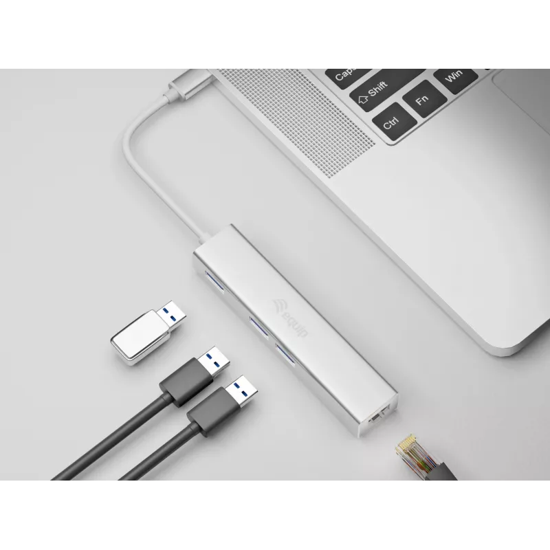 Equip USB-C auf 3-Port USB 3.0 Hub mit Gigabit-Adapter, USB 3.2 Gen 1 (3.1 Gen 1) Type-C, Silber, USB 3.2 Gen 1 (3.1 Gen 1) Type-A, WLAN, Aluminium, 22 mm, 15 mm