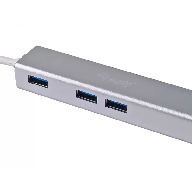 Equip USB-C auf 3-Port USB 3.0 Hub mit Gigabit-Adapter, USB 3.2 Gen 1 (3.1 Gen 1) Type-C, Silber, USB 3.2 Gen 1 (3.1 Gen 1) Type-A, WLAN, Aluminium, 22 mm, 15 mm