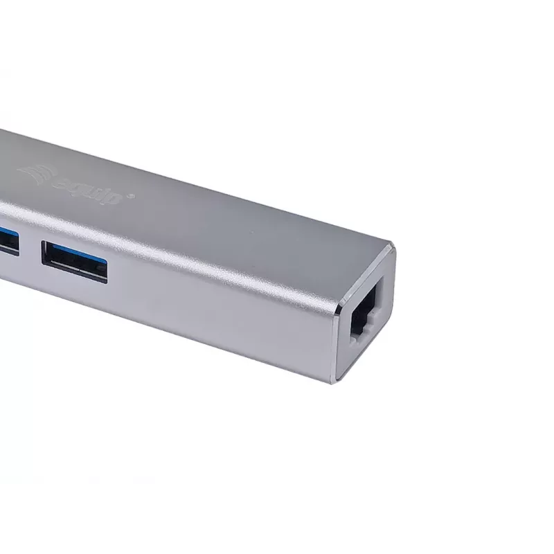 Equip USB-C auf 3-Port USB 3.0 Hub mit Gigabit-Adapter, USB 3.2 Gen 1 (3.1 Gen 1) Type-C, Silber, USB 3.2 Gen 1 (3.1 Gen 1) Type-A, WLAN, Aluminium, 22 mm, 15 mm