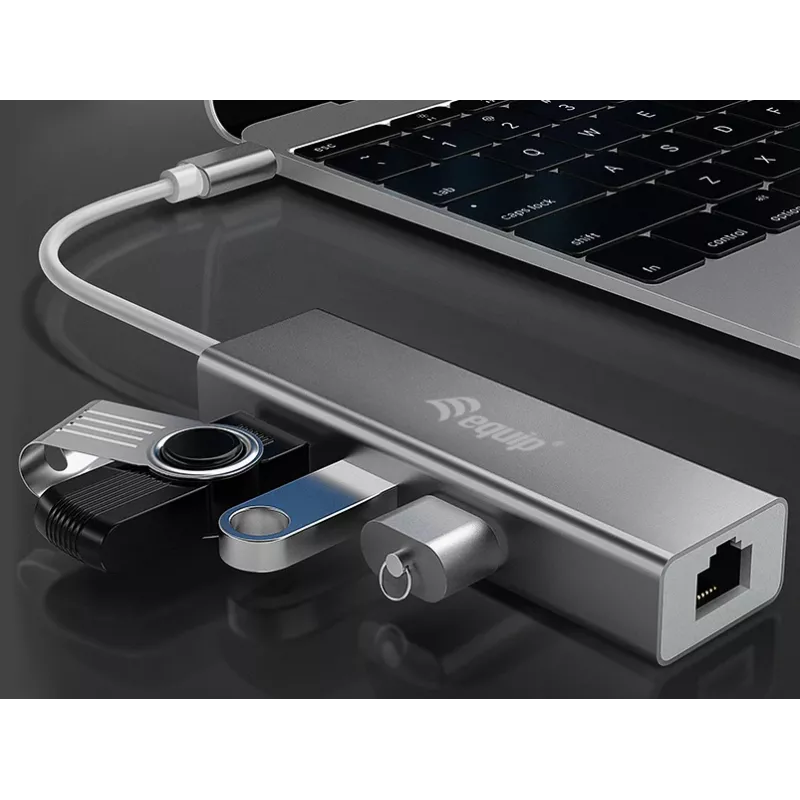Equip USB-C auf 3-Port USB 3.0 Hub mit Gigabit-Adapter, USB 3.2 Gen 1 (3.1 Gen 1) Type-C, Silber, USB 3.2 Gen 1 (3.1 Gen 1) Type-A, WLAN, Aluminium, 22 mm, 15 mm