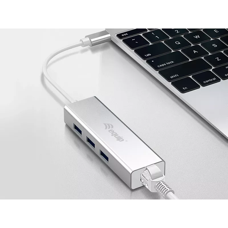 Equip USB-C auf 3-Port USB 3.0 Hub mit Gigabit-Adapter, USB 3.2 Gen 1 (3.1 Gen 1) Type-C, Silber, USB 3.2 Gen 1 (3.1 Gen 1) Type-A, WLAN, Aluminium, 22 mm, 15 mm