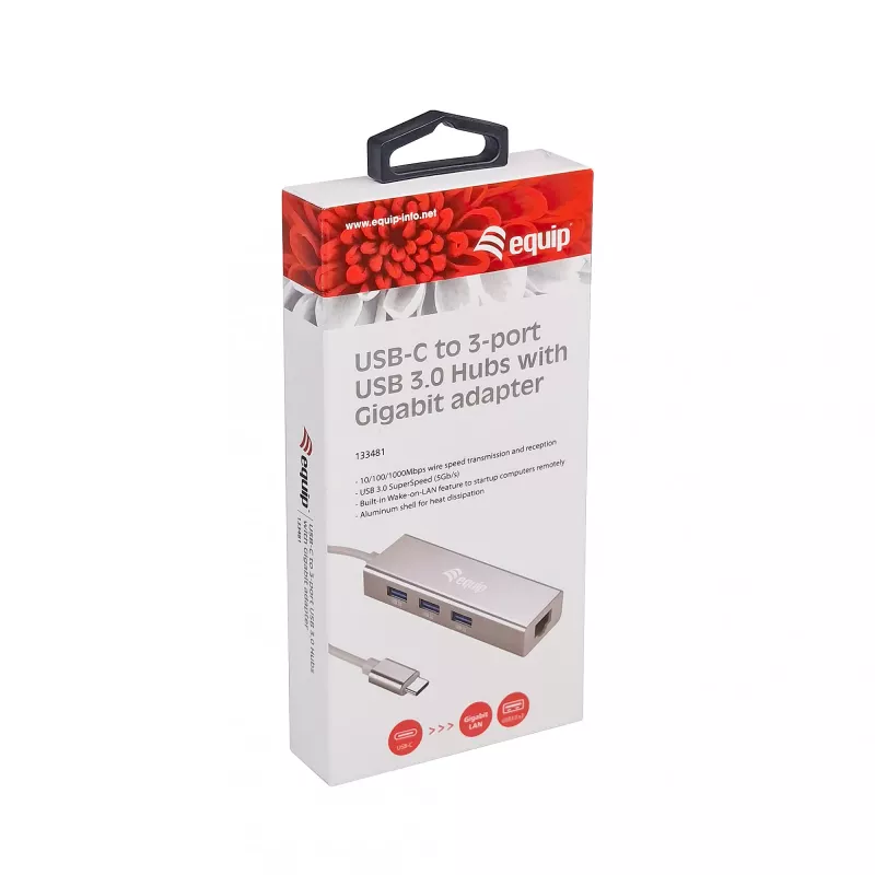 Equip USB-C auf 3-Port USB 3.0 Hub mit Gigabit-Adapter, USB 3.2 Gen 1 (3.1 Gen 1) Type-C, Silber, USB 3.2 Gen 1 (3.1 Gen 1) Type-A, WLAN, Aluminium, 22 mm, 15 mm
