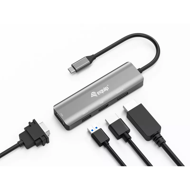 Equip USB-C zu HDMI/DisplayPort/VGA/USB-Adapter, USB Typ-C, HDMI-Ausgang, DisplayPort-Ausgang, VGA (D-Sub)-Ausgang, 3840 x 2160 Pixel