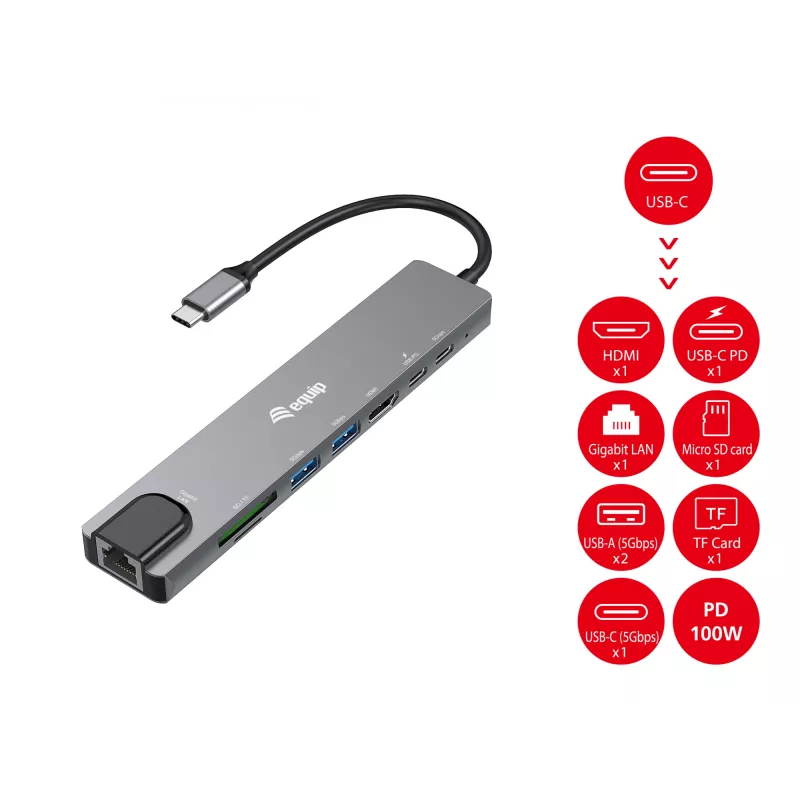 Equip USB-C 8-in-1 Multifunktionsadapter, Kabelgebunden, USB Type-C, 100 W, 1000 Mbit/s, 1000BASE-T, IEEE 802.3ab