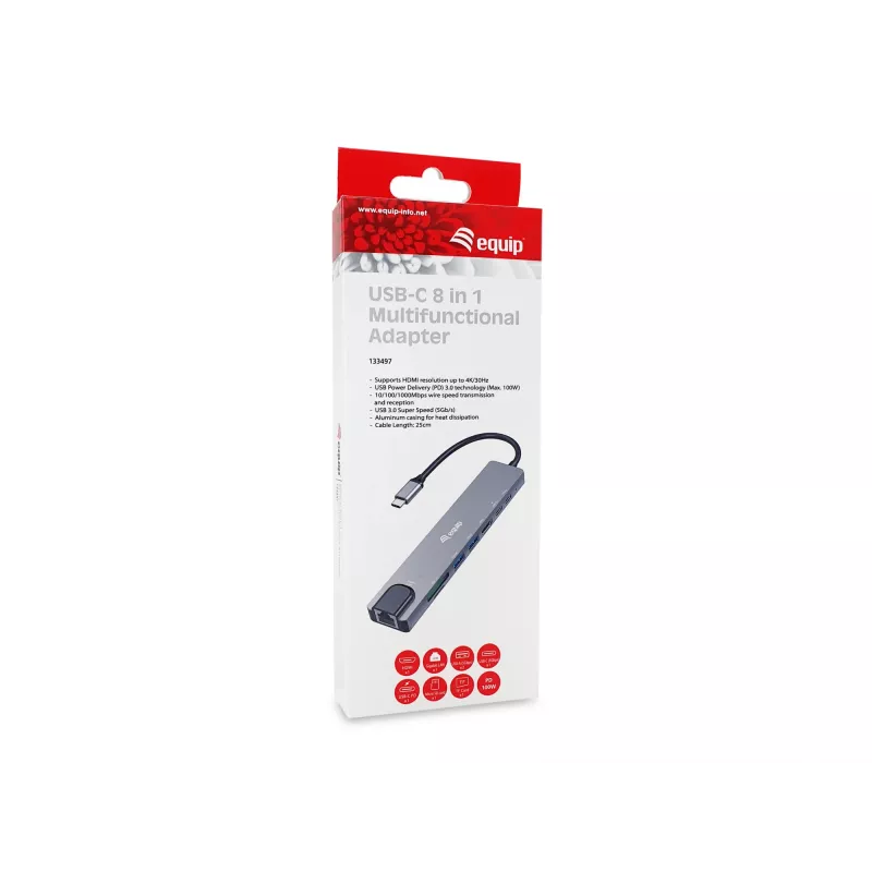Equip USB-C 8-in-1 Multifunktionsadapter, Kabelgebunden, USB Type-C, 100 W, 1000 Mbit/s, 1000BASE-T, IEEE 802.3ab