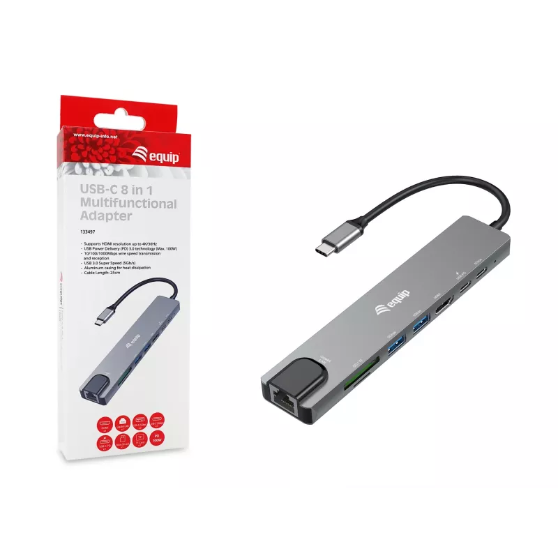 Equip USB-C 8-in-1 Multifunktionsadapter, Kabelgebunden, USB Type-C, 100 W, 1000 Mbit/s, 1000BASE-T, IEEE 802.3ab